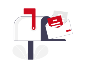 Illustration eines Briefkastens, der gerade geöffnet wurde und einen geöffneten Brief mit zwei Zetteln zeigt.