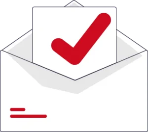 Startseite Optimiert: Illustration einer E-Mail, die einen Zettel zeigt, auf dem ein rotes Häkchen zu sehen ist.