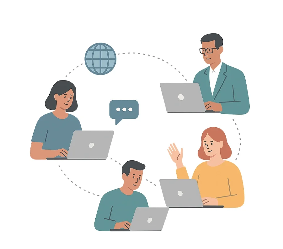 Personen arbeiten an einem golobalen Thema und verabschieden sich.